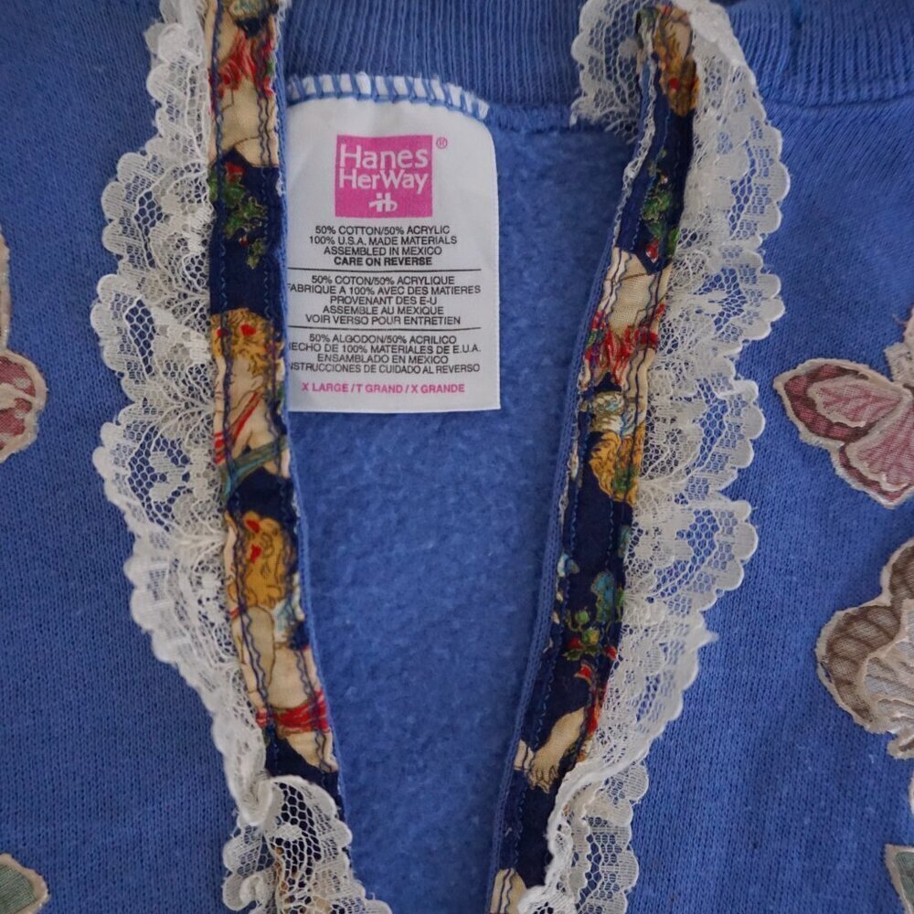 Vintage Hanes Her Way Blue Butterfly Lace Design Cotton Blend Sweater Cardi Xl - Picture 11 of 11
